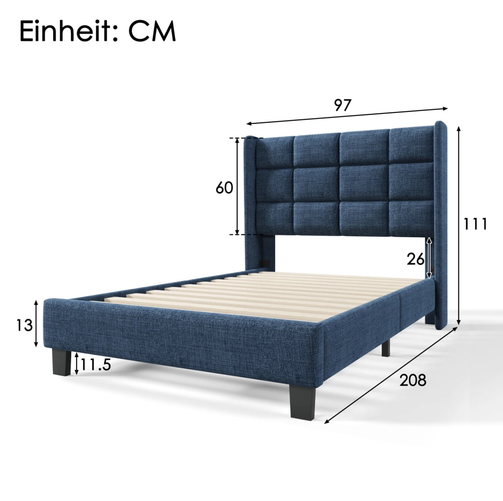 Letto Singolo Moderno con Testiera Imbottita, Rete a Doghe 90x200 cm, Tessuto Blu Lino, Montaggio Incluso, Senza Materasso