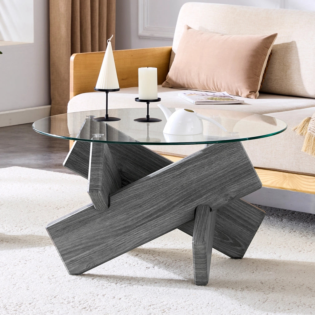 Tavolino rotondo 79 cm in MDF grigio e vetro trasparente, design incrociato