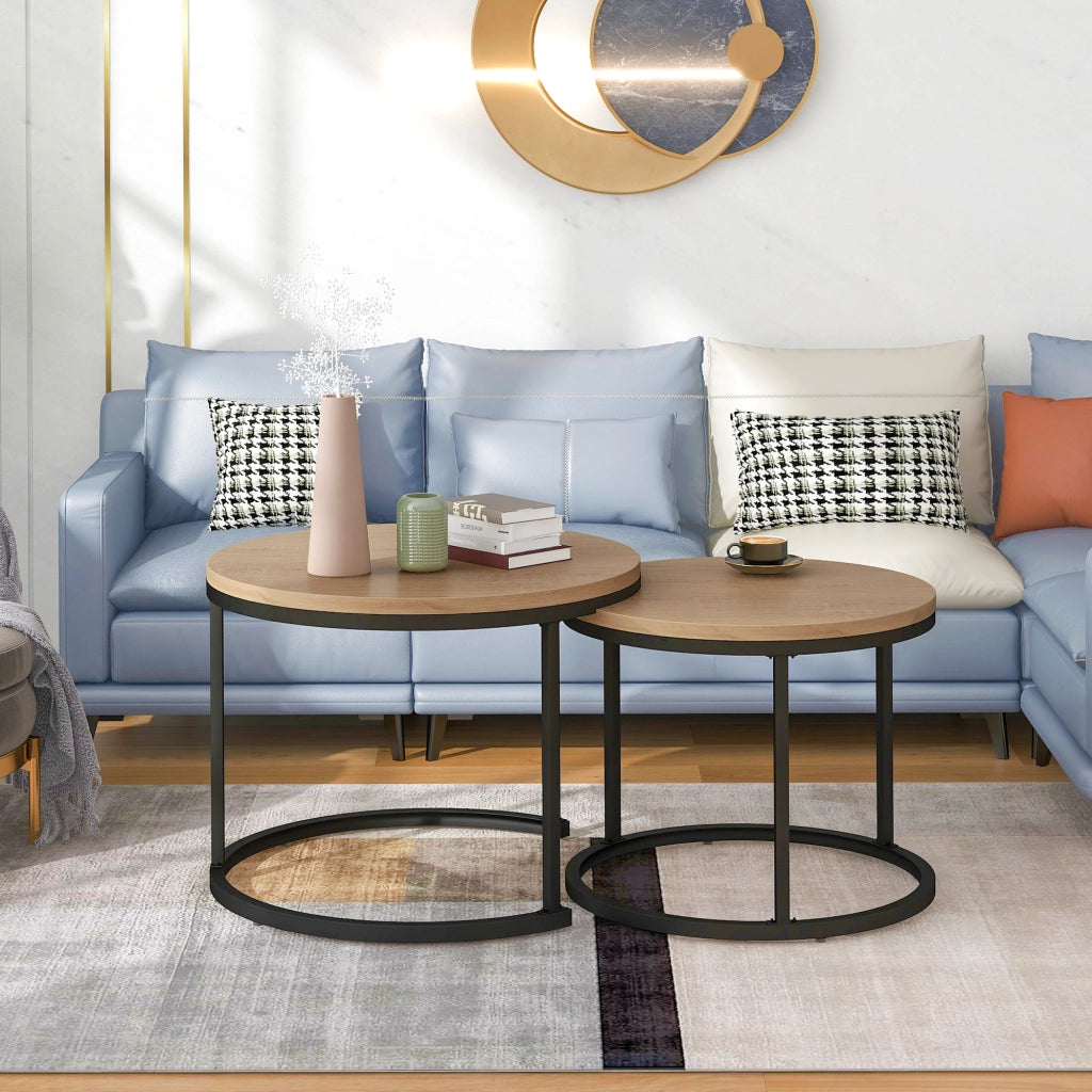 Tavolini da salotto set di 2 rotondi sovrapponibili in MDF noce e nero con struttura in metallo dal design moderno