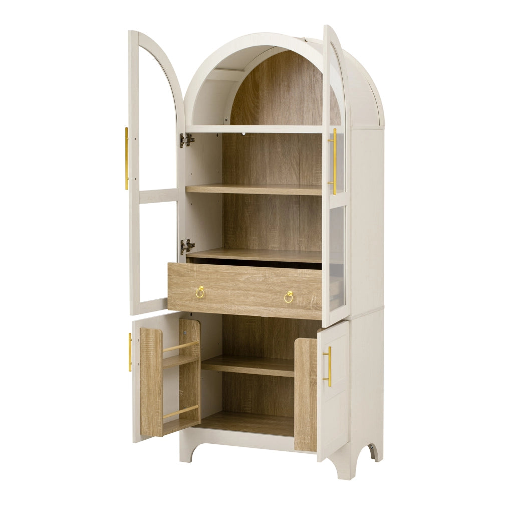 Credenza alta bianca con vetro scanalato, cassetti e ripiani regolabili