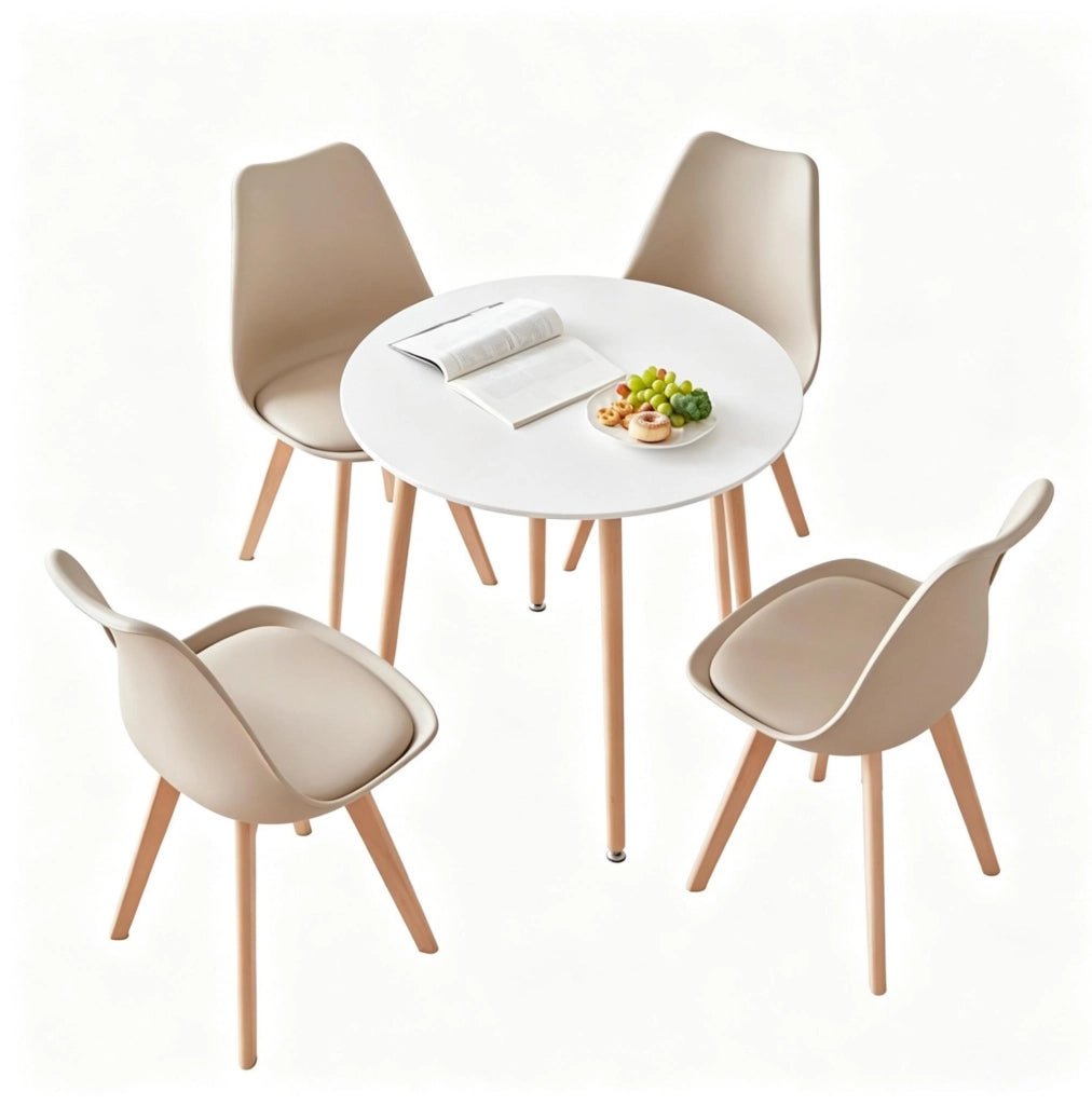 Set da pranzo moderno con tavolo rotondo 80x75 cm e 4 sedie in legno e plastica
