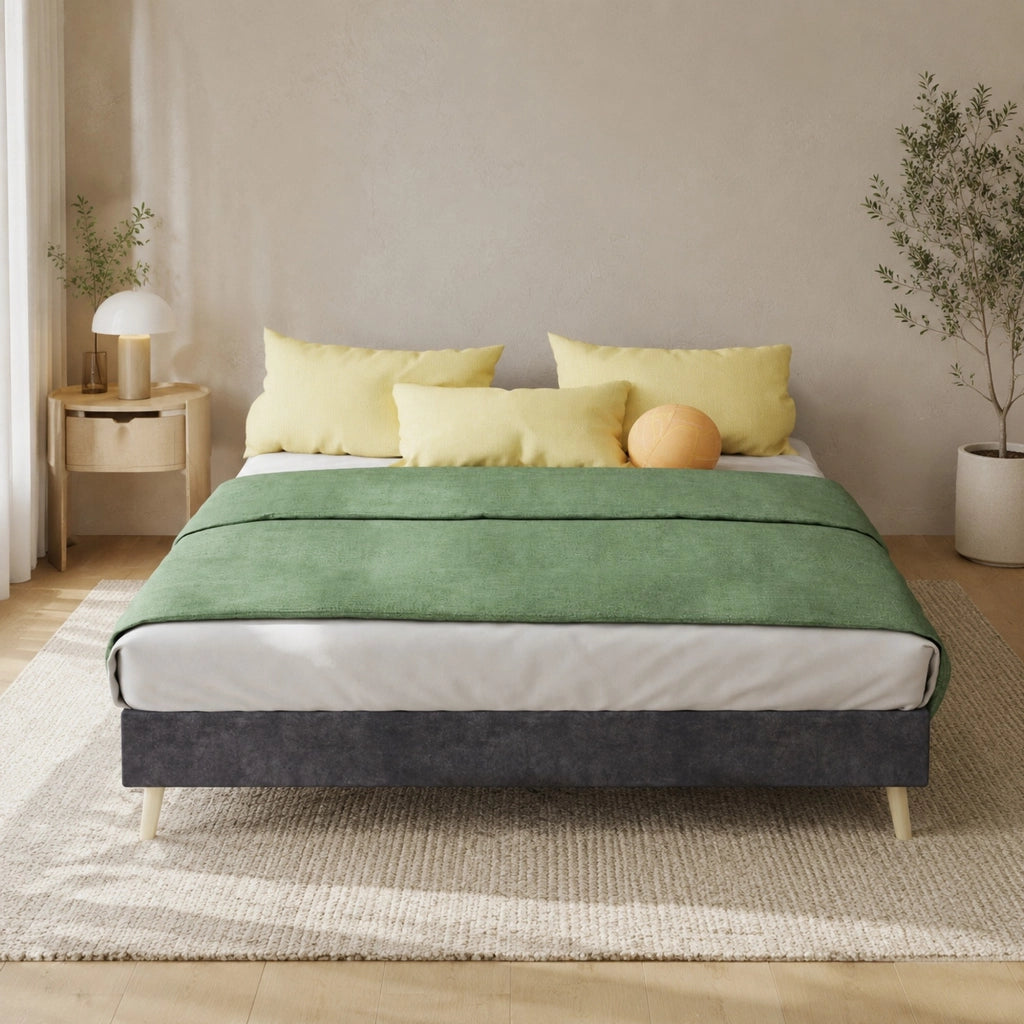 Struttura letto minimalista moderna 140x200 cm in velluto olandese grigio, base bassa senza testiera e materasso