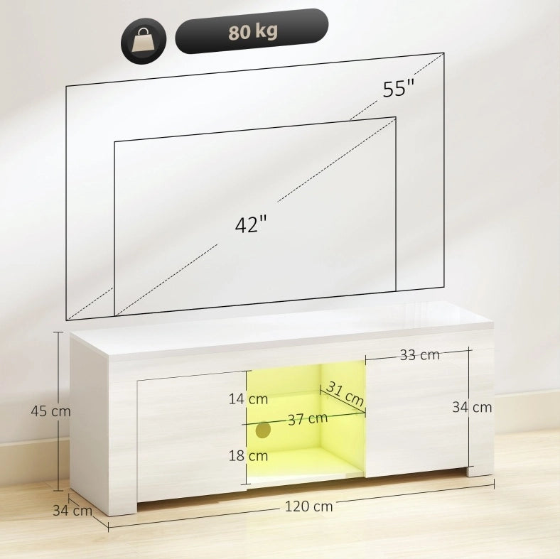 Mobile TV in truciolato bianco con illuminazione LED RGB, 2 ante, ripiano in vetro, 120x34x45 cm