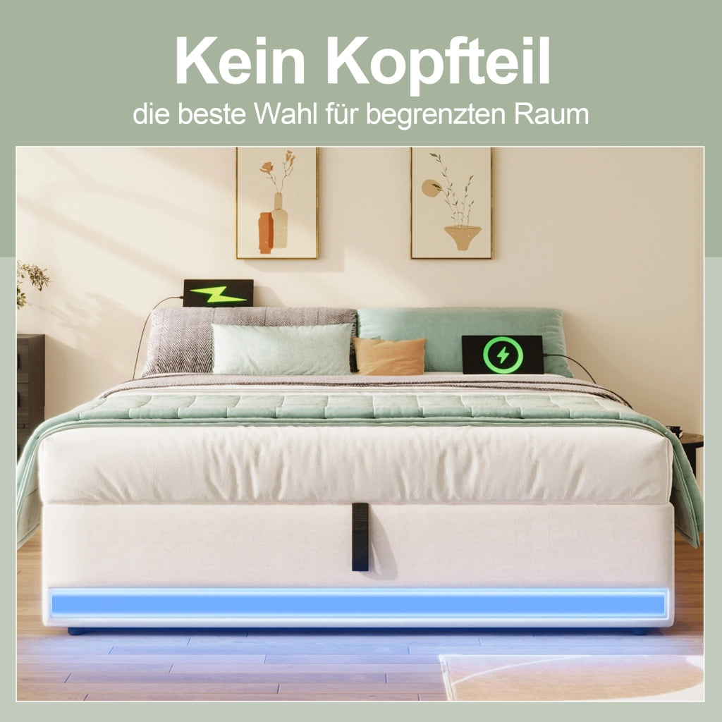 Letto contenitore 90 ¡Á 200 cm con sollevamento idraulico LED USB e Type-C tasche laterali in lino e MDF beige