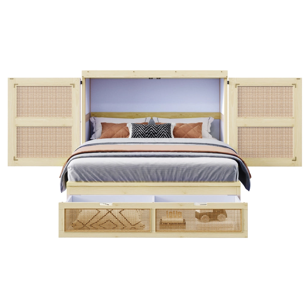 Letto a scomparsa verticale 140 × 200 cm con rete a doghe e cassetti in legno color naturale rattan