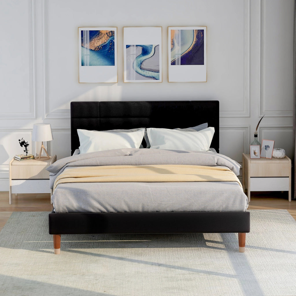 Letto matrimoniale imbottito 140 × 200 cm con rete a doghe testiera in lino nero e spazio sottoletto
