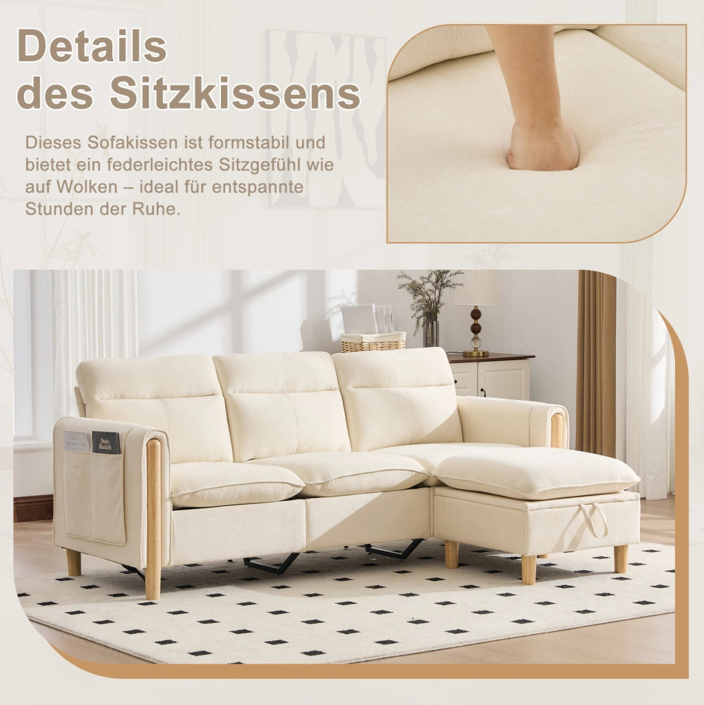 Divano a 3 posti in ciniglia beige con pouf contenitore