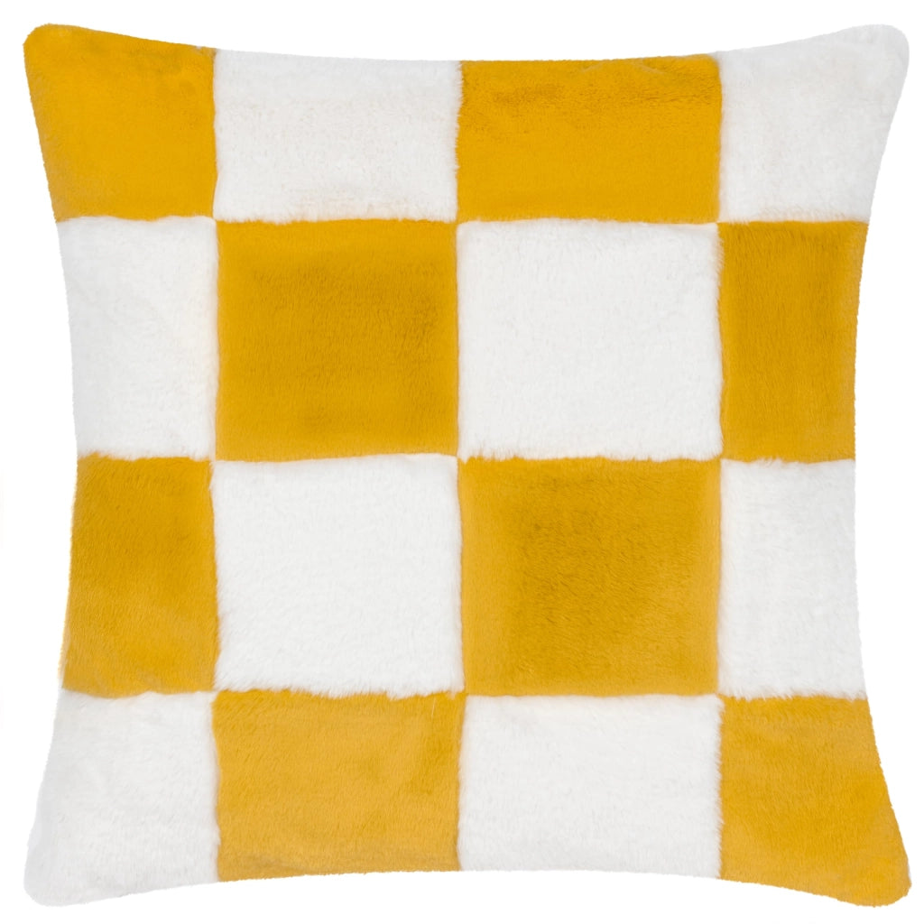 Cuscino in ecopelliccia, motivo a quadri, giallo, 50x50 cm, con cerniera