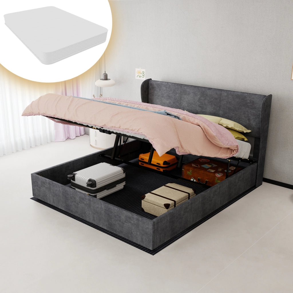 Letto imbottito 160x200 cm per adulti con testiera e schienale; struttura in legno e metallo; tessuto grigio