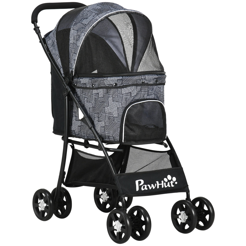 Carrello pieghevole per cani e gatti con cuscino, finestre a rete e vano portaoggetti, tessuto Oxford, 81x48x99 cm, grigio nero