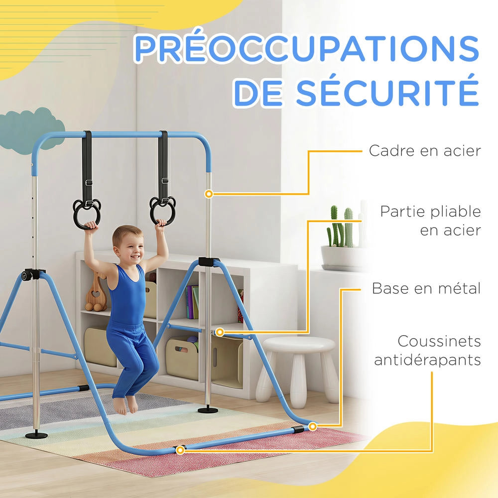 Barra da ginnastica per bambini pieghevole con anelli altezza regolabile blu per casa
