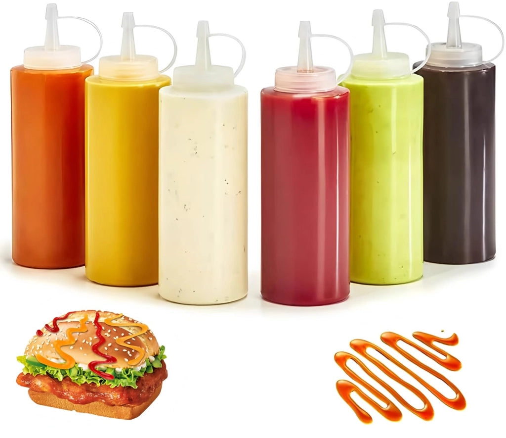 Set di 6 flaconi da 240 ml in plastica PET/PP, ideali per salse