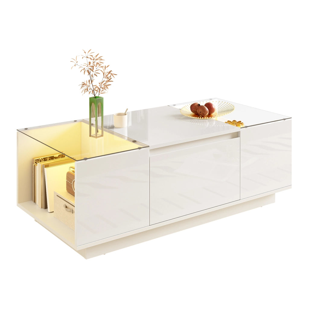 Tavolino da caffè 105x50x35 cm con LED Bluetooth; 2 cassetti e ripiani laterali; truciolare bianco