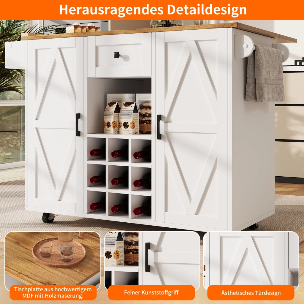 Isola da cucina con piano pieghevole ruote e armadio a due ante in MDF bianco con cassetto e ripiani regolabili