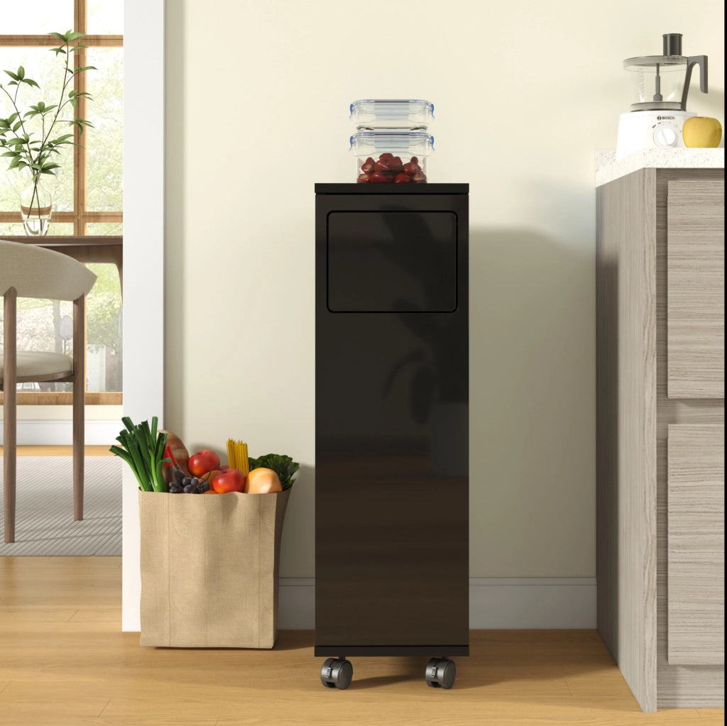 Mobile portapattumiera con ruote 24;2x35;1x80;2 cm in MDF nero lucido; 1 anta