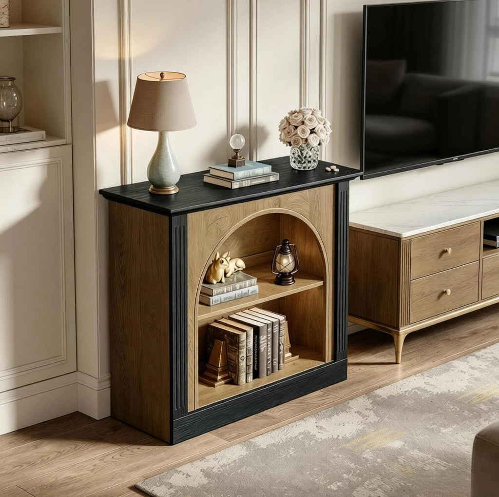 Mobile TV 110x30 cm in legno nero e rustico, stile Mid-Century