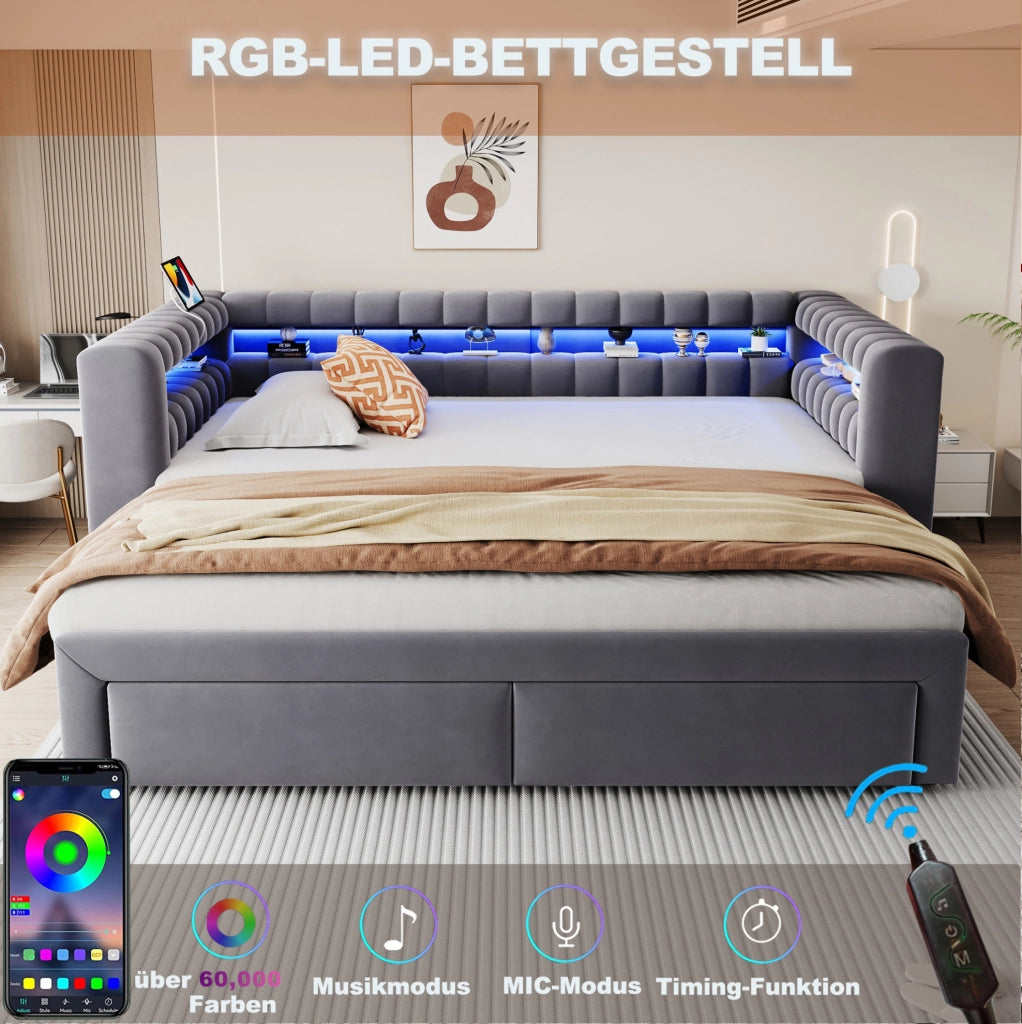 Divano letto estraibile in velluto grigio con cassetti e luci