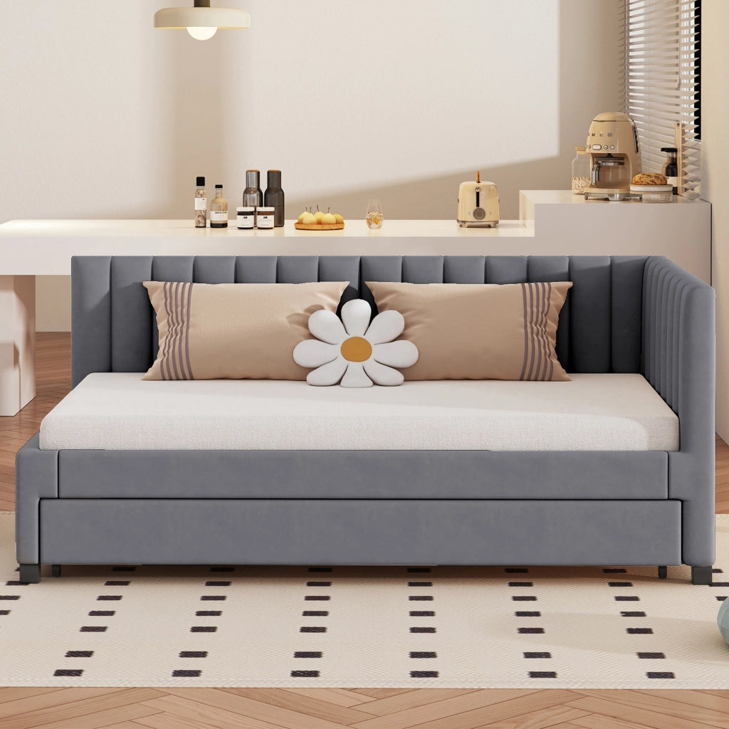 Letto singolo estraibile 90 × 200 cm imbottito in velluto grigio con rete a doghe e letto supplementare