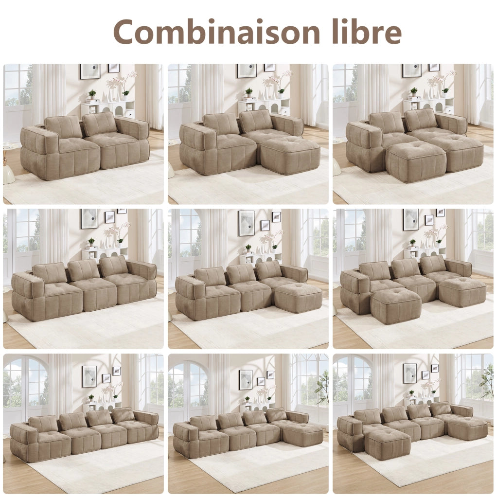 Divano modulare in poliestere color sabbia con pouf