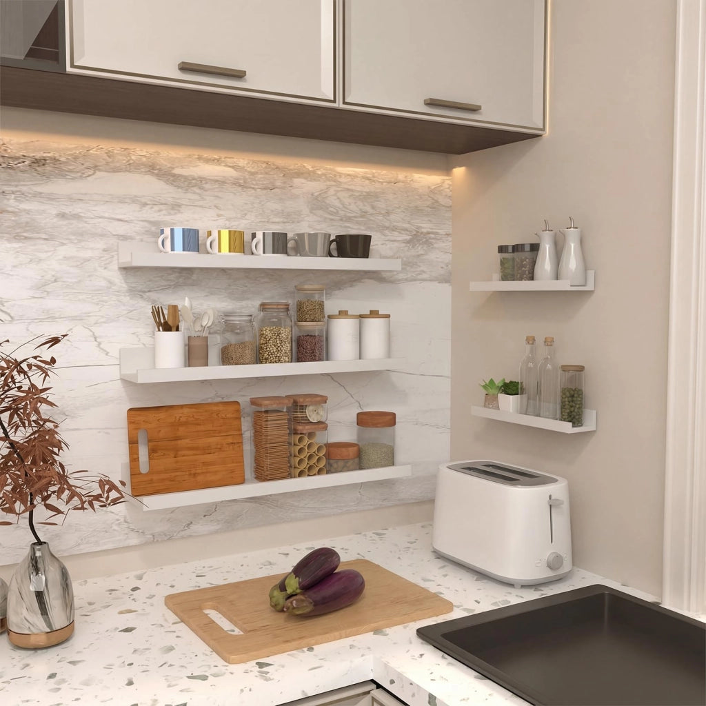 Set di mensole a muro, 60 cm, bianche, sospese, composto da 5 pezzi