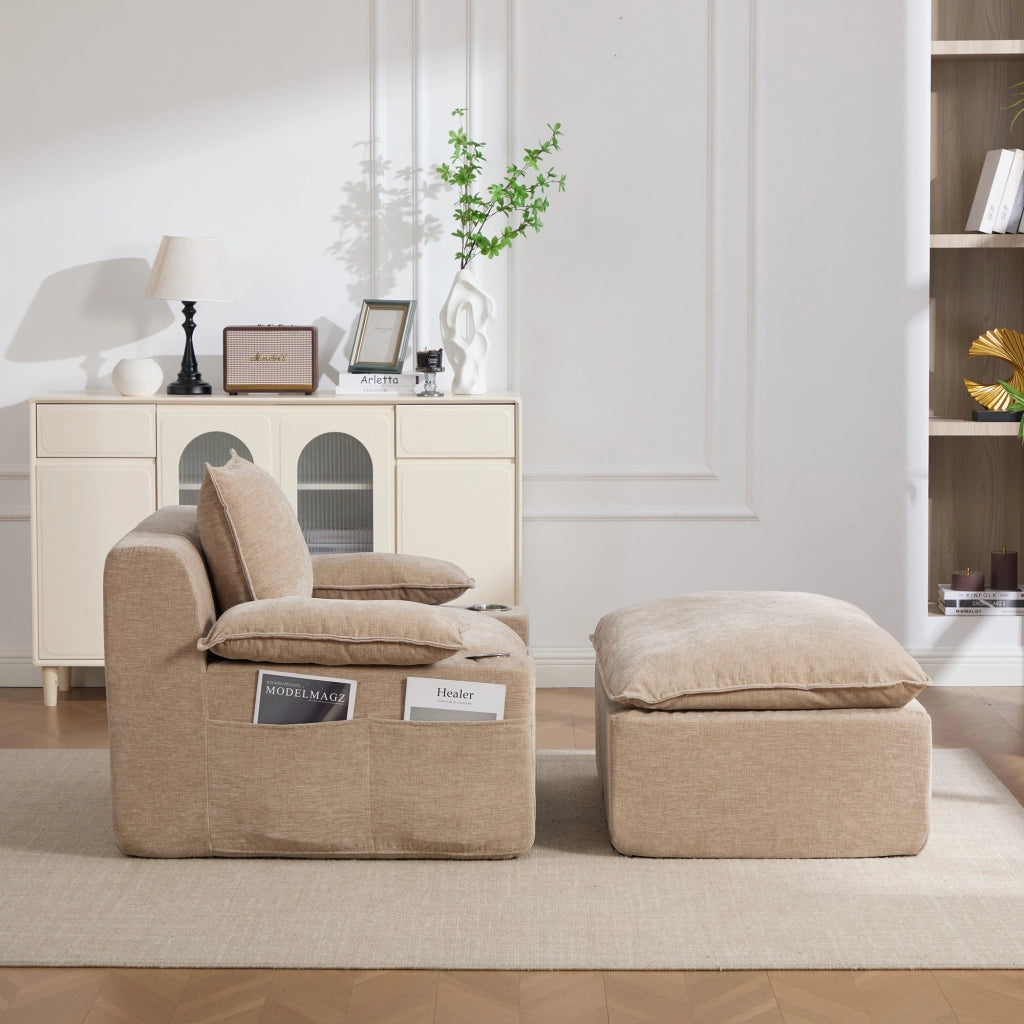 Poltrona chaise longue con portabicchiere; tasca laterale e 4 cuscini; senza montaggio; tessuto kaki chiaro