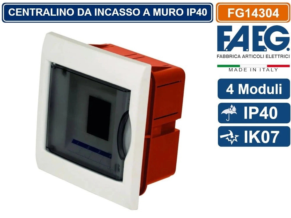 CENTRALINO DA INCASSO 4 MODULI CON CORNICE BIANCA E PORTELLO FUMÈ IP40 FAEG - FG14304