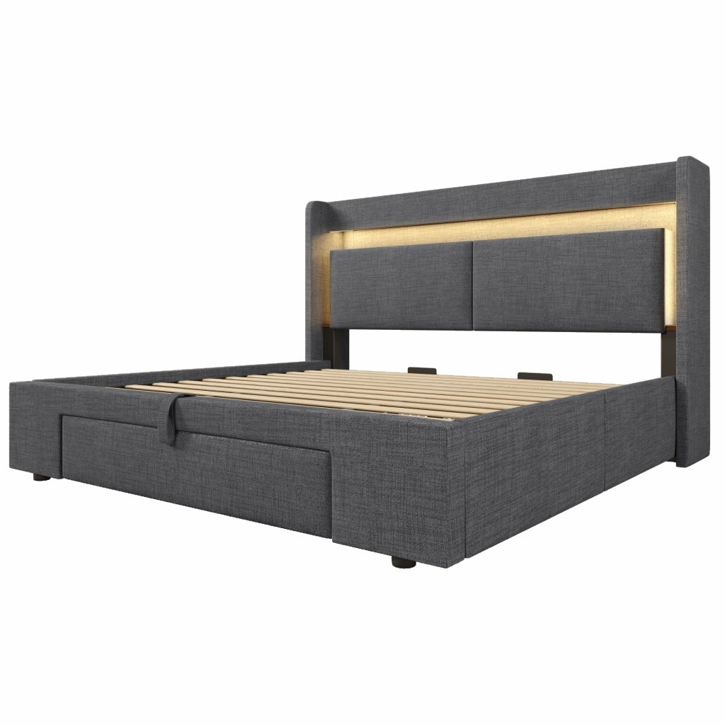 Letto contenitore 180x200 cm grigio in lino con illuminazione LED