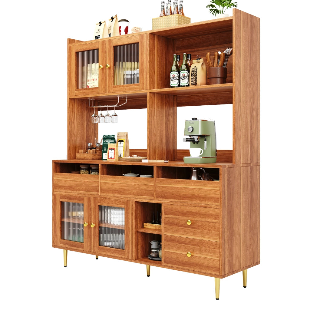 Credenza alta 145 × 39 × 171 cm in MDF marrone noce con porta in vetro scanalato portabottiglie cassetti e ripiani