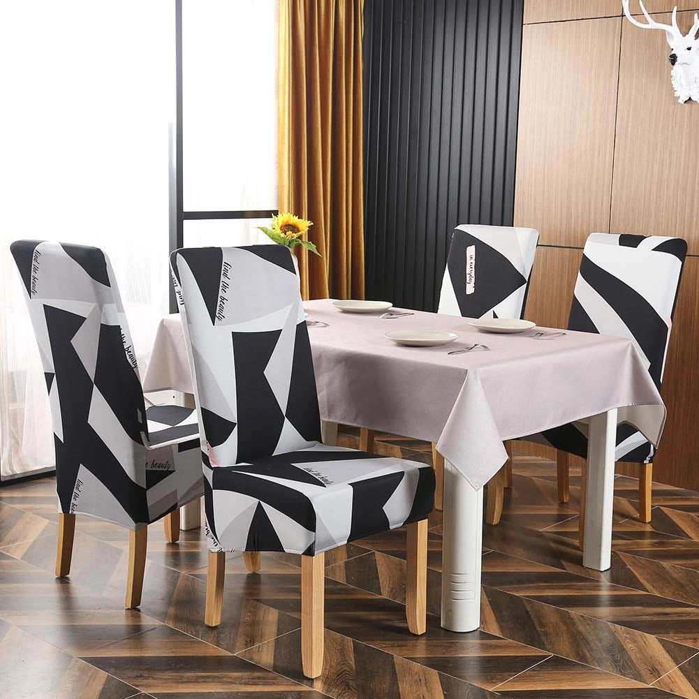 Set di 4 copri-sedie elasticizzati, color grigio, bianco e nero, adatti a sedie con schienale di 60-75 cm