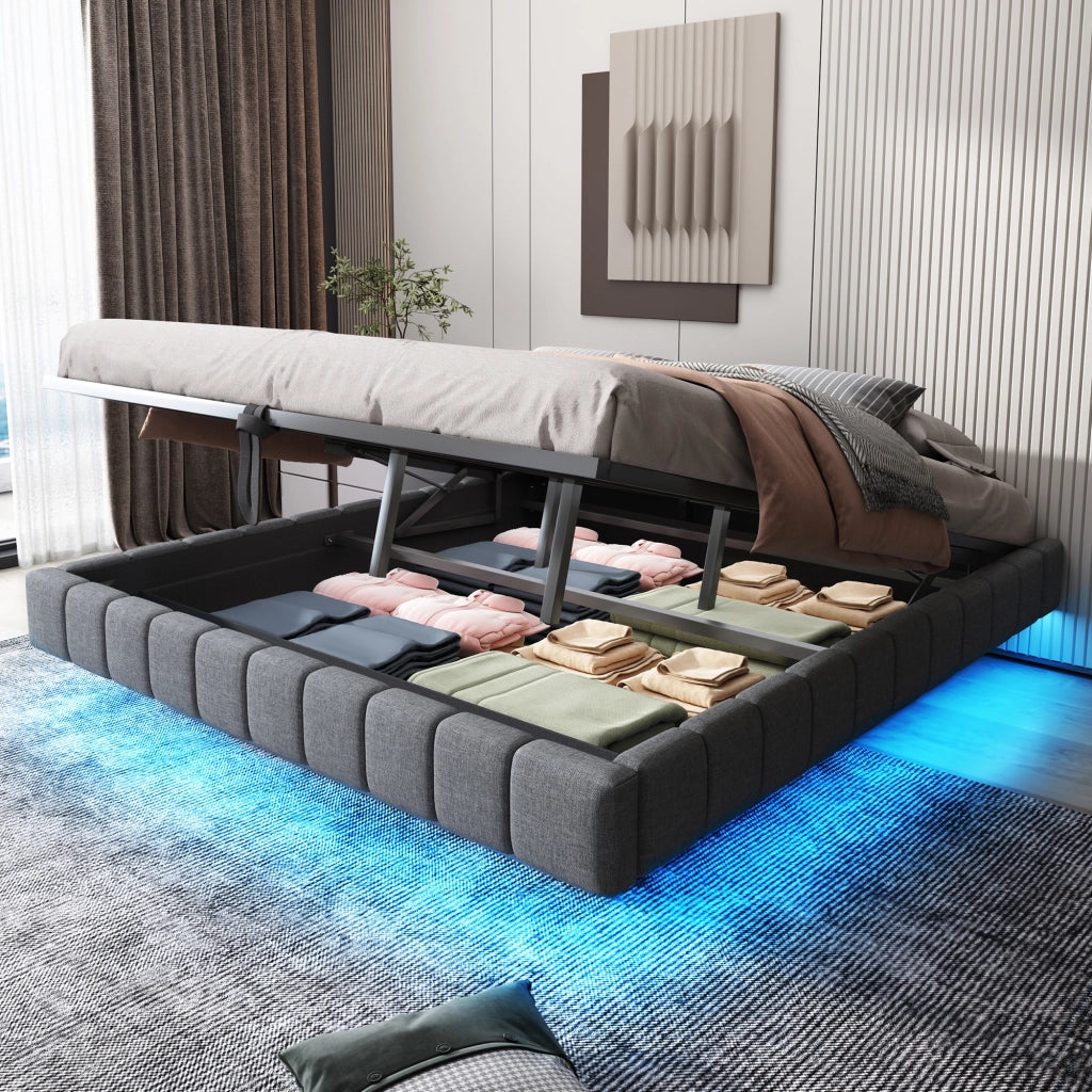Letto contenitore 160 ¡Á 200 cm imbottito senza testiera con LED a colori struttura in metallo rivestita in lino beige