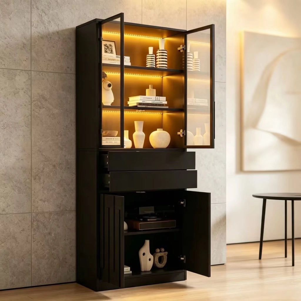 Vetrina con 4 ante, 2 cassetti e LED - per soggiorno - 140×34×180 cm - nero