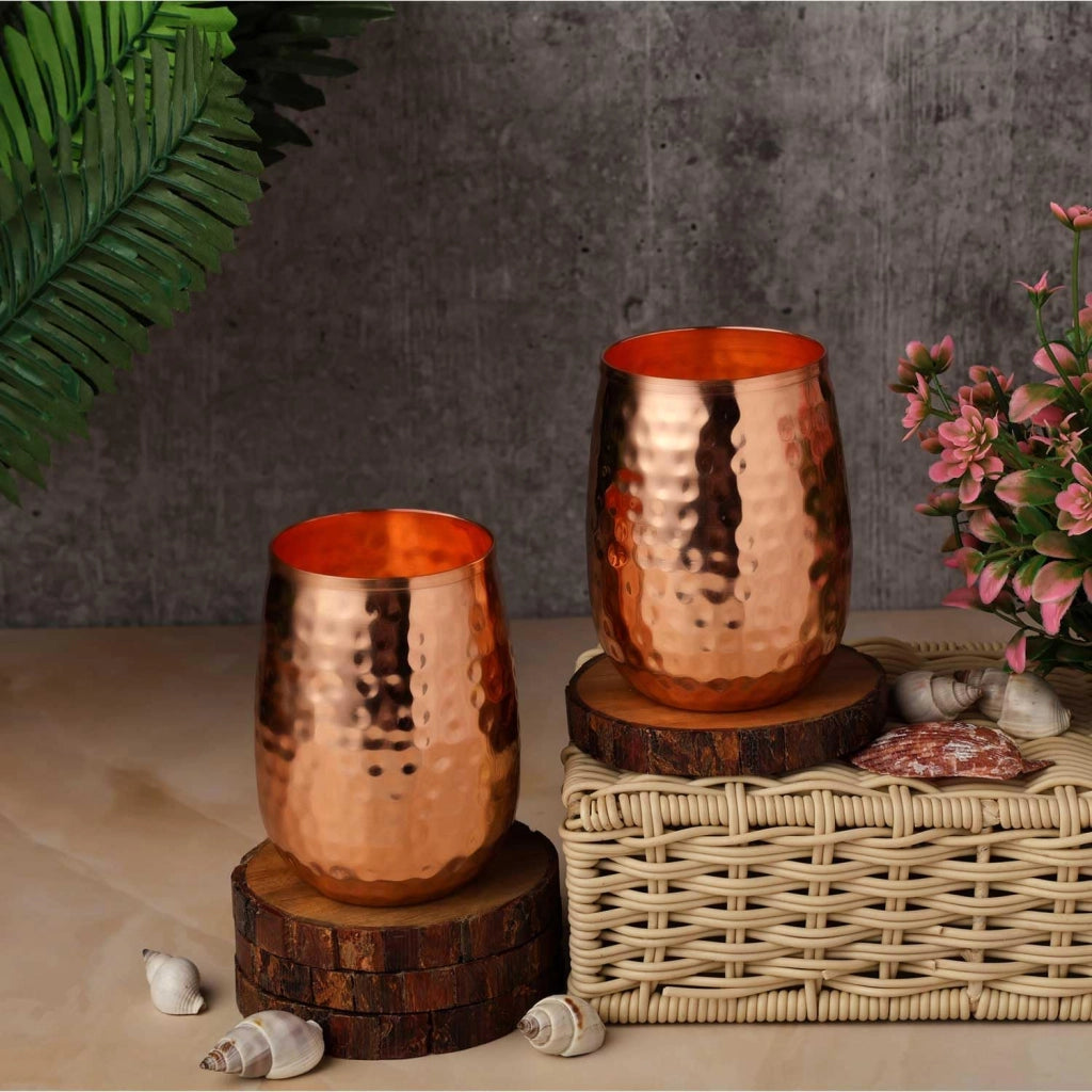 Set di 2 bicchieri in rame, capacità 250 ml, forma a botte, stile ayurvedico