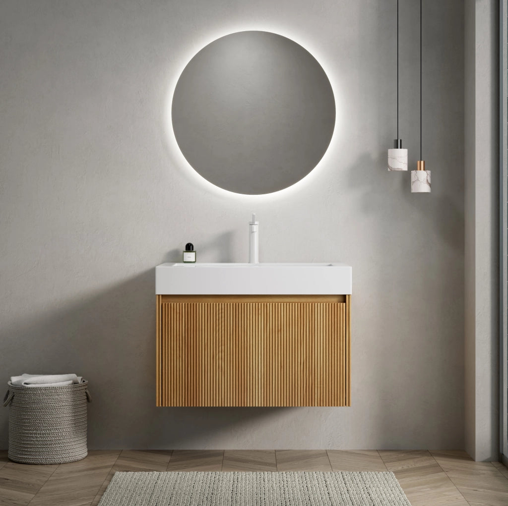 Mobile bagno sospeso 70 cm con lavabo integrato in resina bianca e corpo in compensato effetto quercia naturale