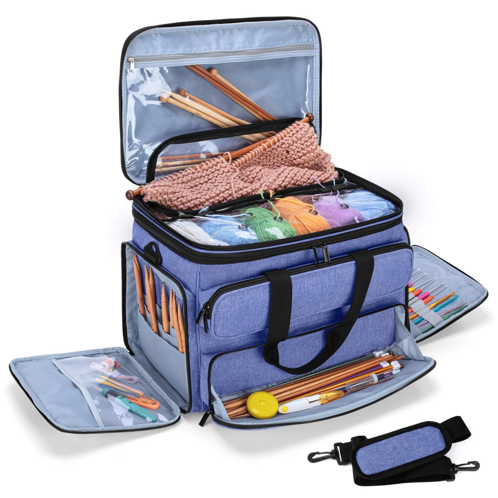 Borsa per maglia con organizer, scomparti multipli e coperchio con cerniera per accessori per maglia e uncinetto, blu