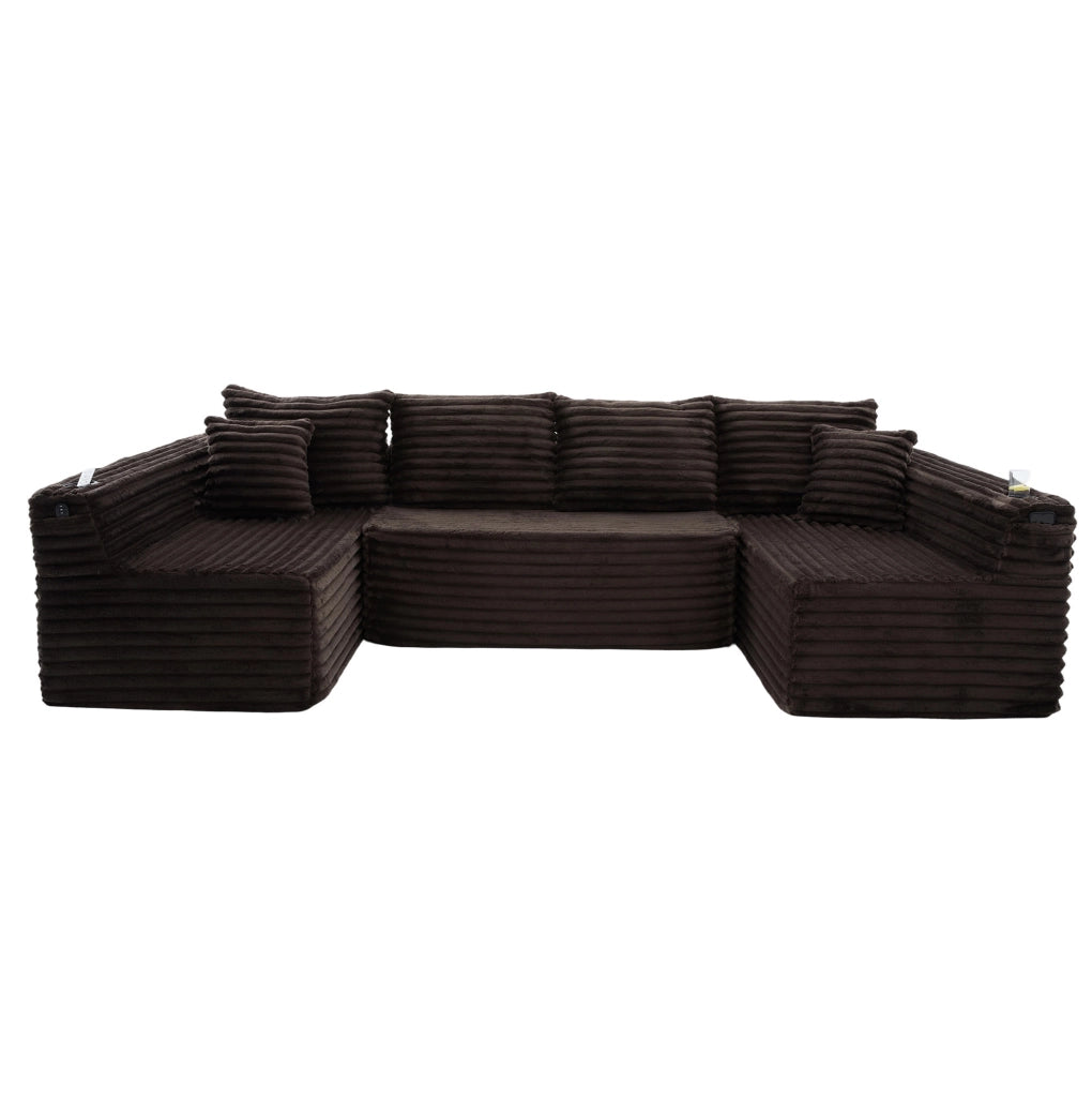 Divano modulare a U 320 x 155 x 88 cm velluto a coste marrone con portabicchieri