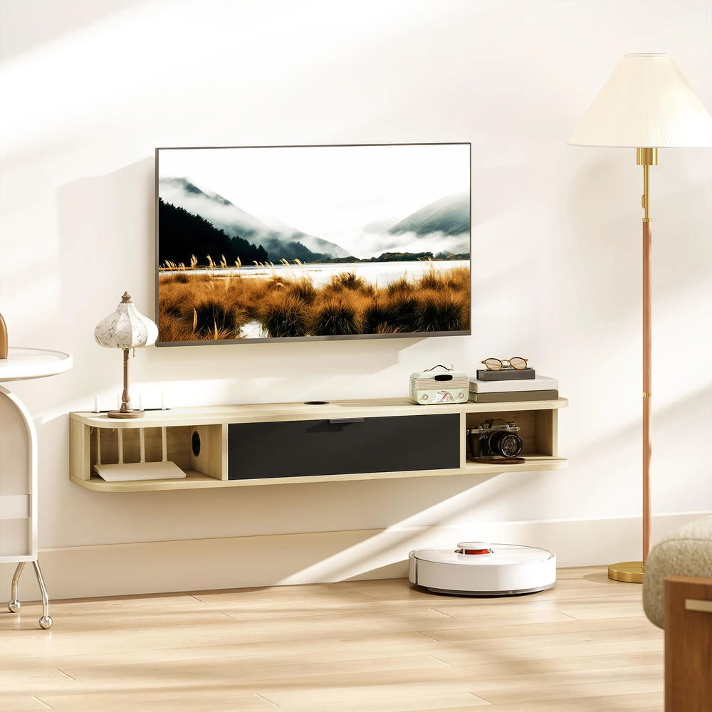 Mobile TV sospeso a parete nero per TV fino a 50 pollici, mobile porta TV salvaspazio con cassetto a ribalta e 2 ripiani, 120x24x16cm