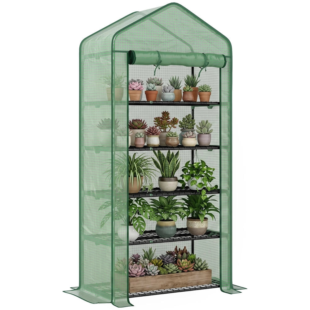 Serra a Casetta per Piante a 5 Livelli in Acciaio e PE con Telo Avvolgibile, per Giardino e Balcone, Verde, 90x49x193 cm
