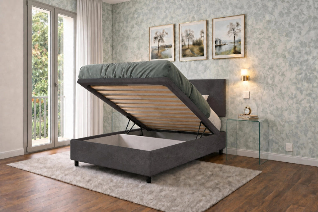 Letto Singolo Contenitore Imbottito 80x200 cm Microfibra Grigio BoxMax Testata Flat