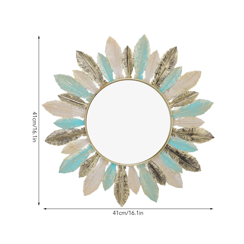 Decorazione da parete in metallo con specchio, design a piume, 41x41 cm