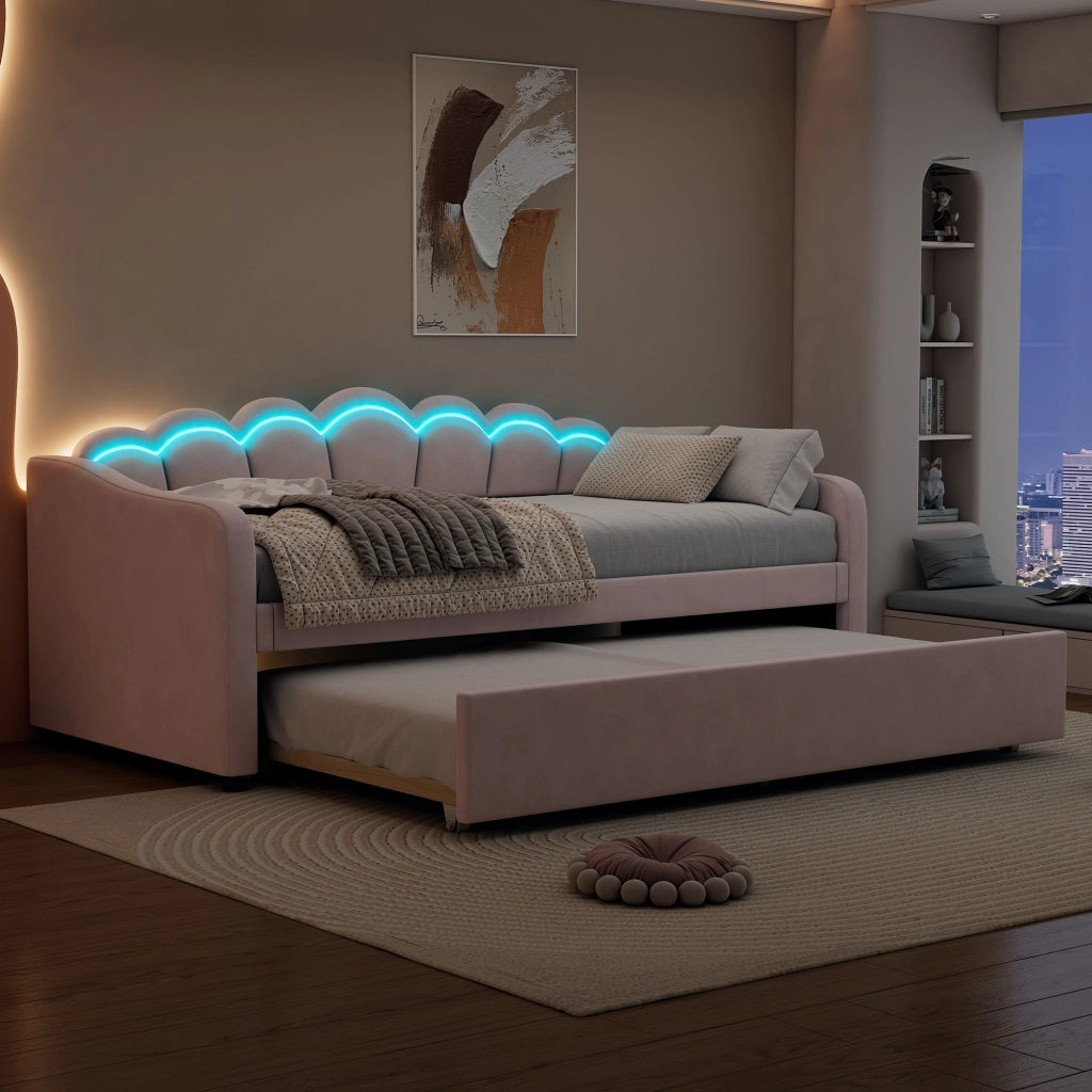 Divano letto singolo 90x200 cm con letto estraibile; struttura in MDF; velluto rosa e LED con telecomando