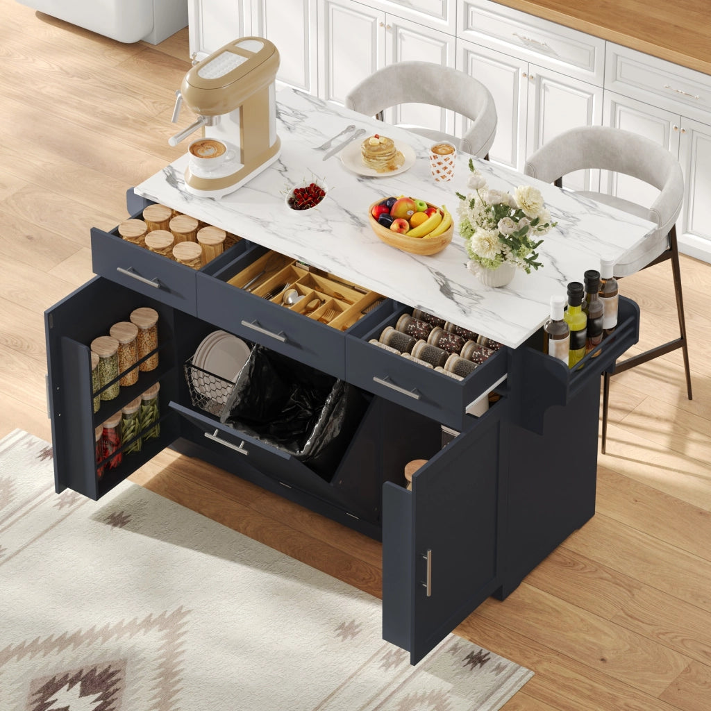 Isola da cucina mobile con piano ribaltabile 3 cassetti prese USB ruote bloccabili armadio per rifiuti MDF grigio