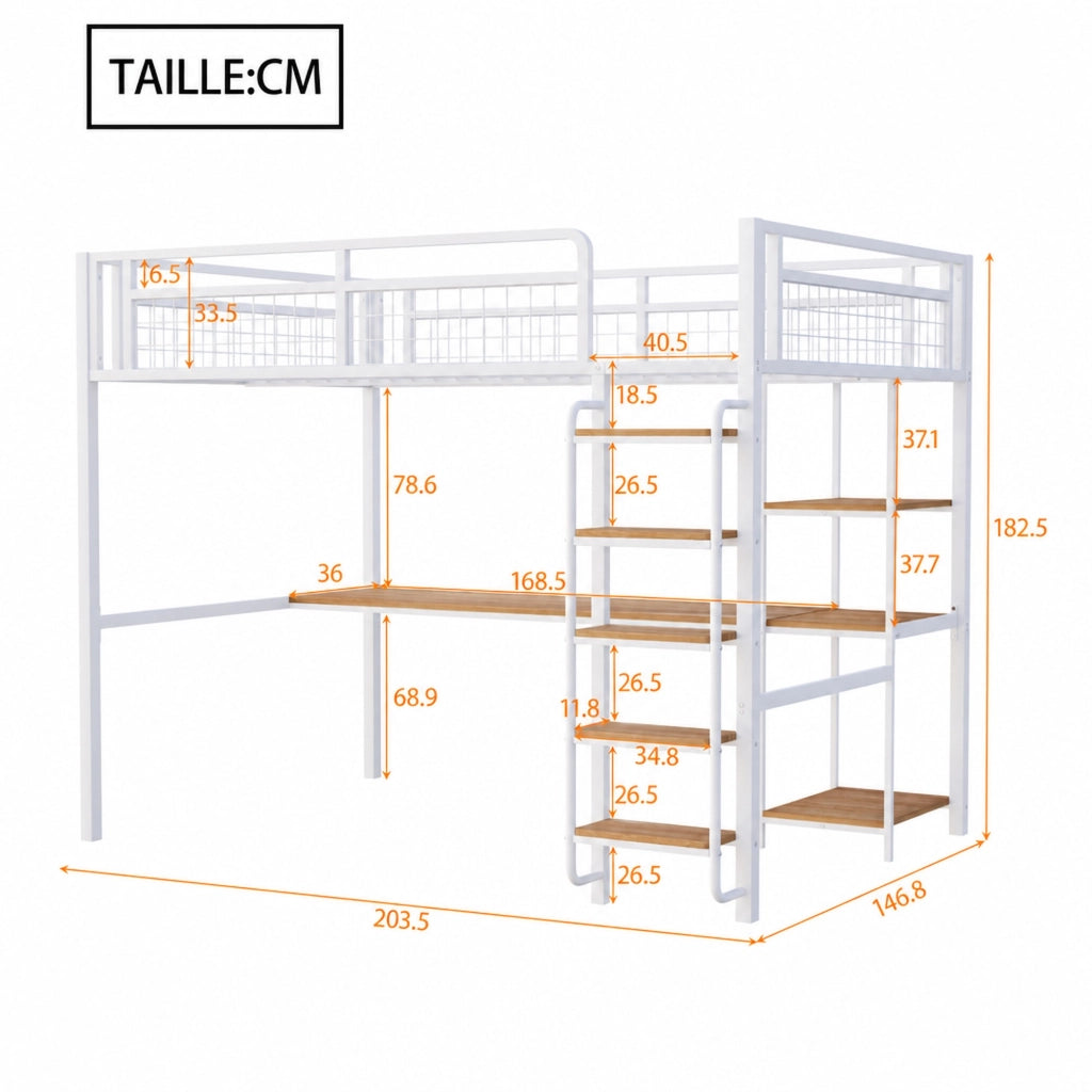 Letto a soppalco 140 × 200 cm con scrivania e ripiani in metallo bianco scala di sicurezza e barriera