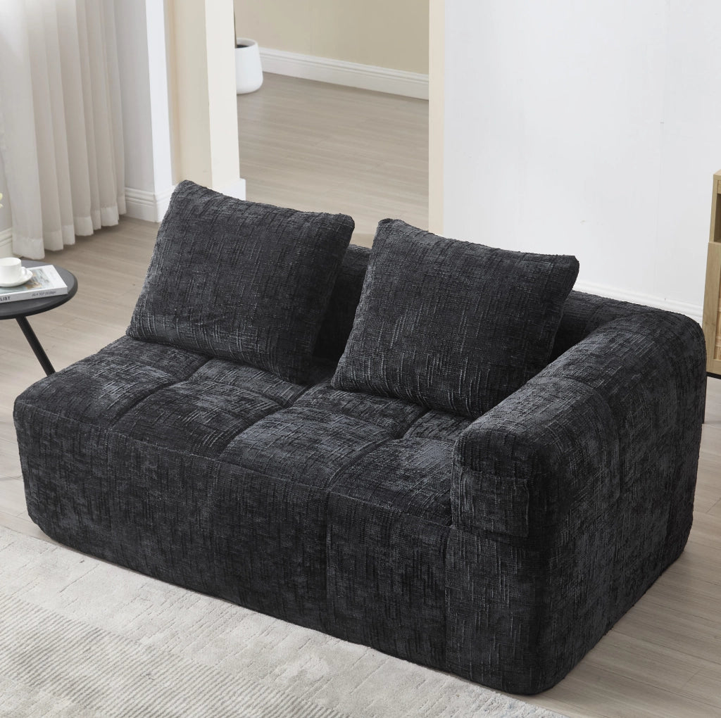 Divano a 2 posti 158x90x60 cm in ciniglia nera, senza montaggio, tasche laterali