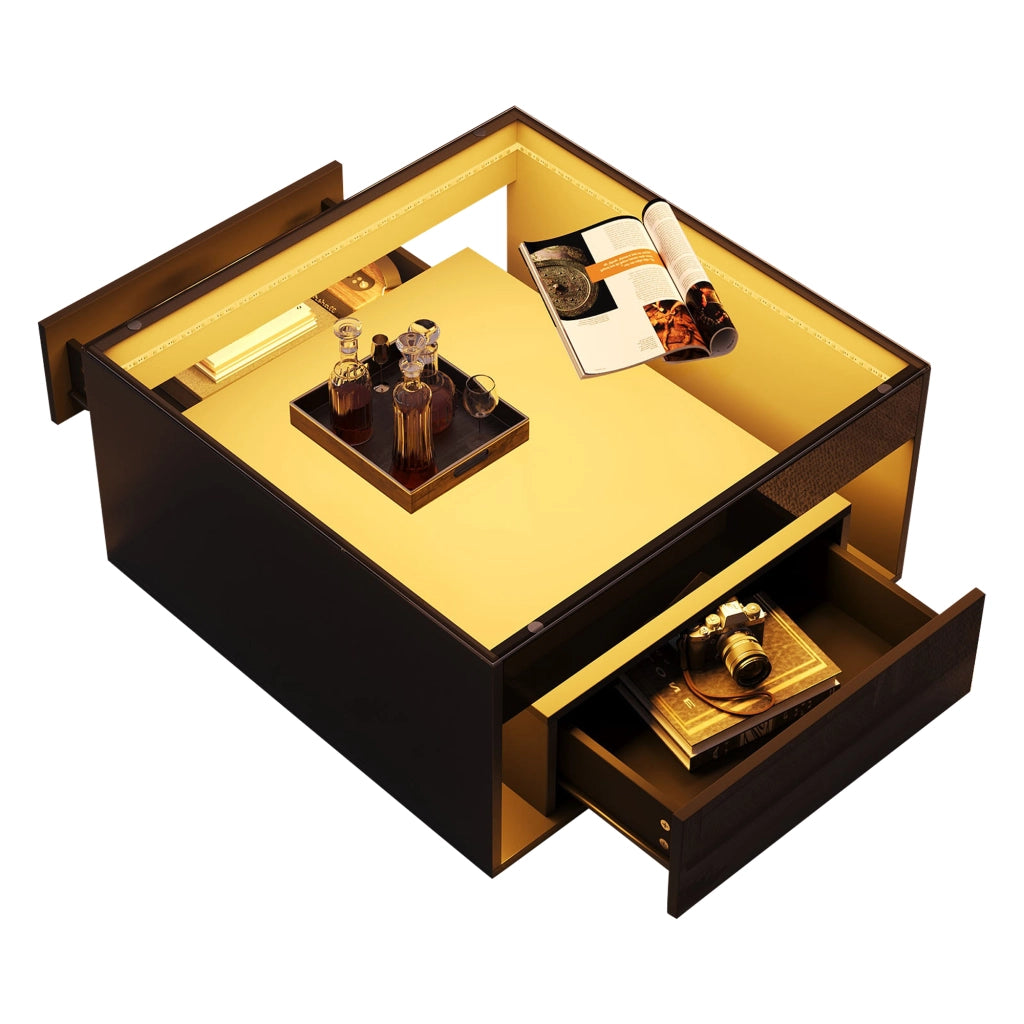 Tavolino da salotto 70 × 70 × 35 cm con 2 cassetti LED controllabile via app piano in vetro temperato MDF nero