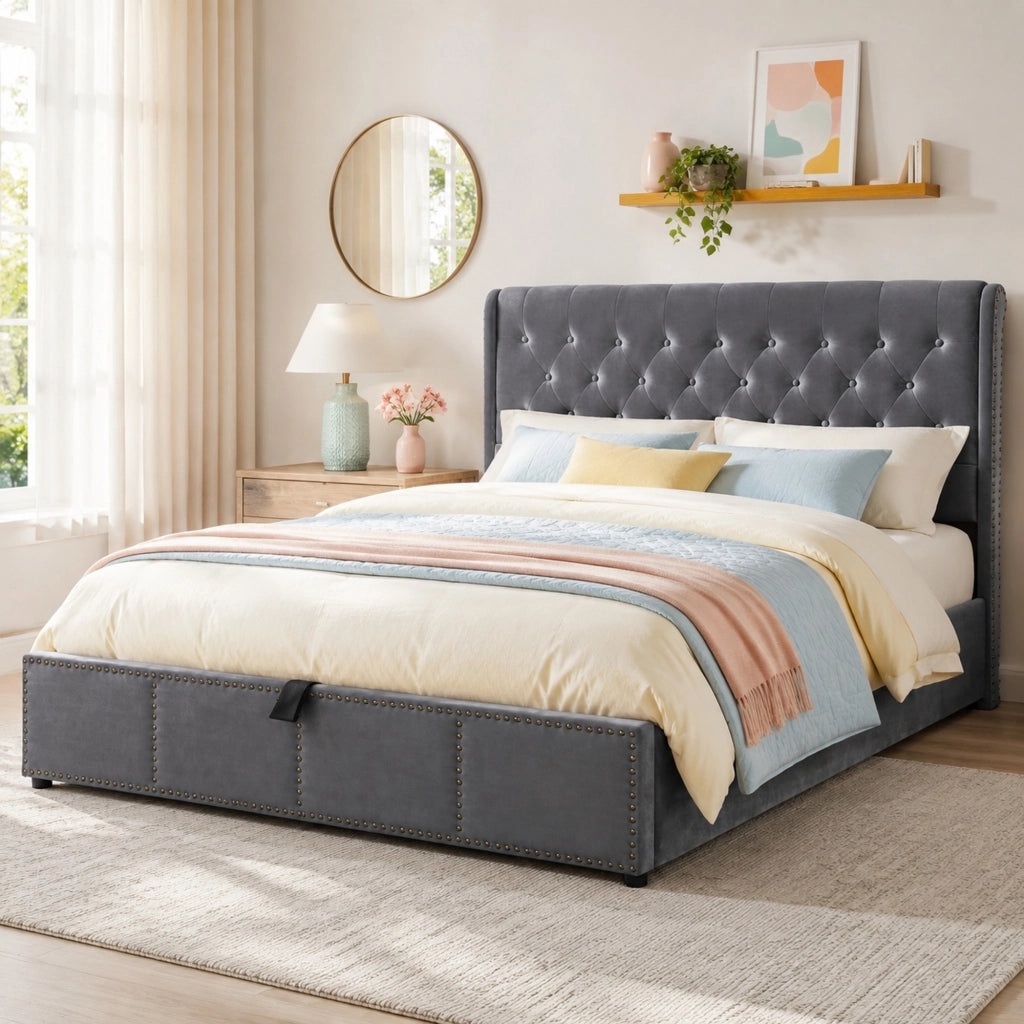 Letto matrimoniale contenitore 180 × 200 cm in velluto grigio con testiera alta rete a doghe e rivetti