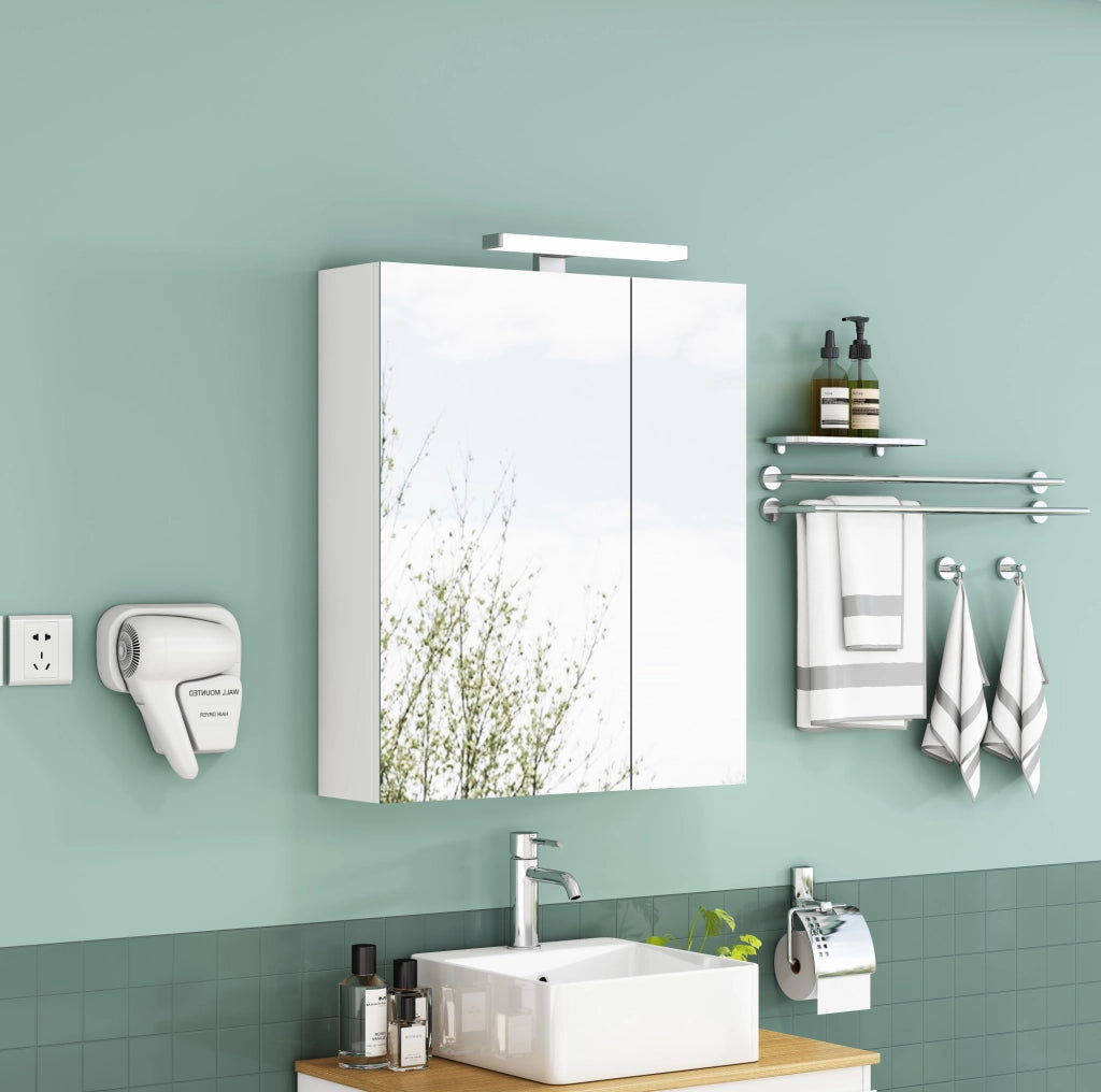 Mobile da bagno 60 cm bianco con specchio, porte asimmetriche, illuminazione LED e presa francese integrata