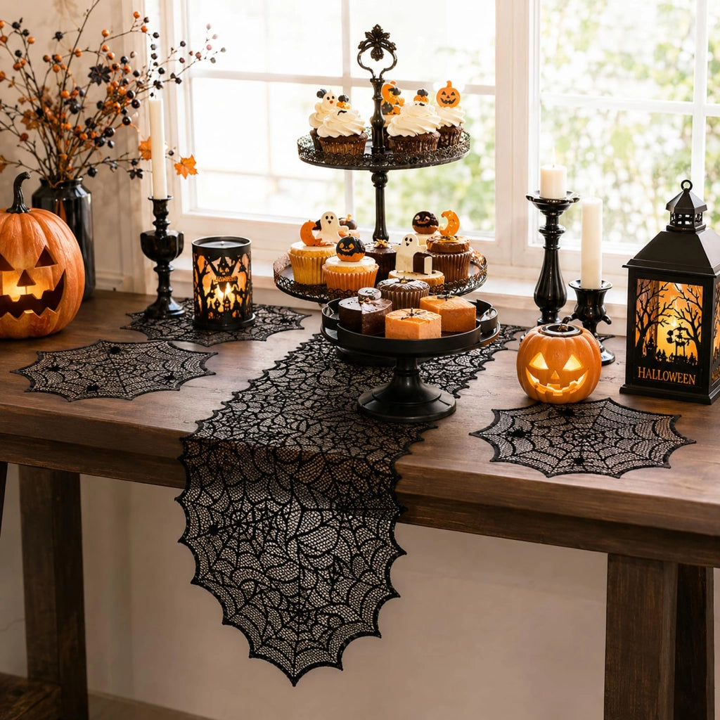 Set per la decorazione della tavola a tema Halloween: tovaglia, tovagliette e adesivi a forma di pipistrelli
