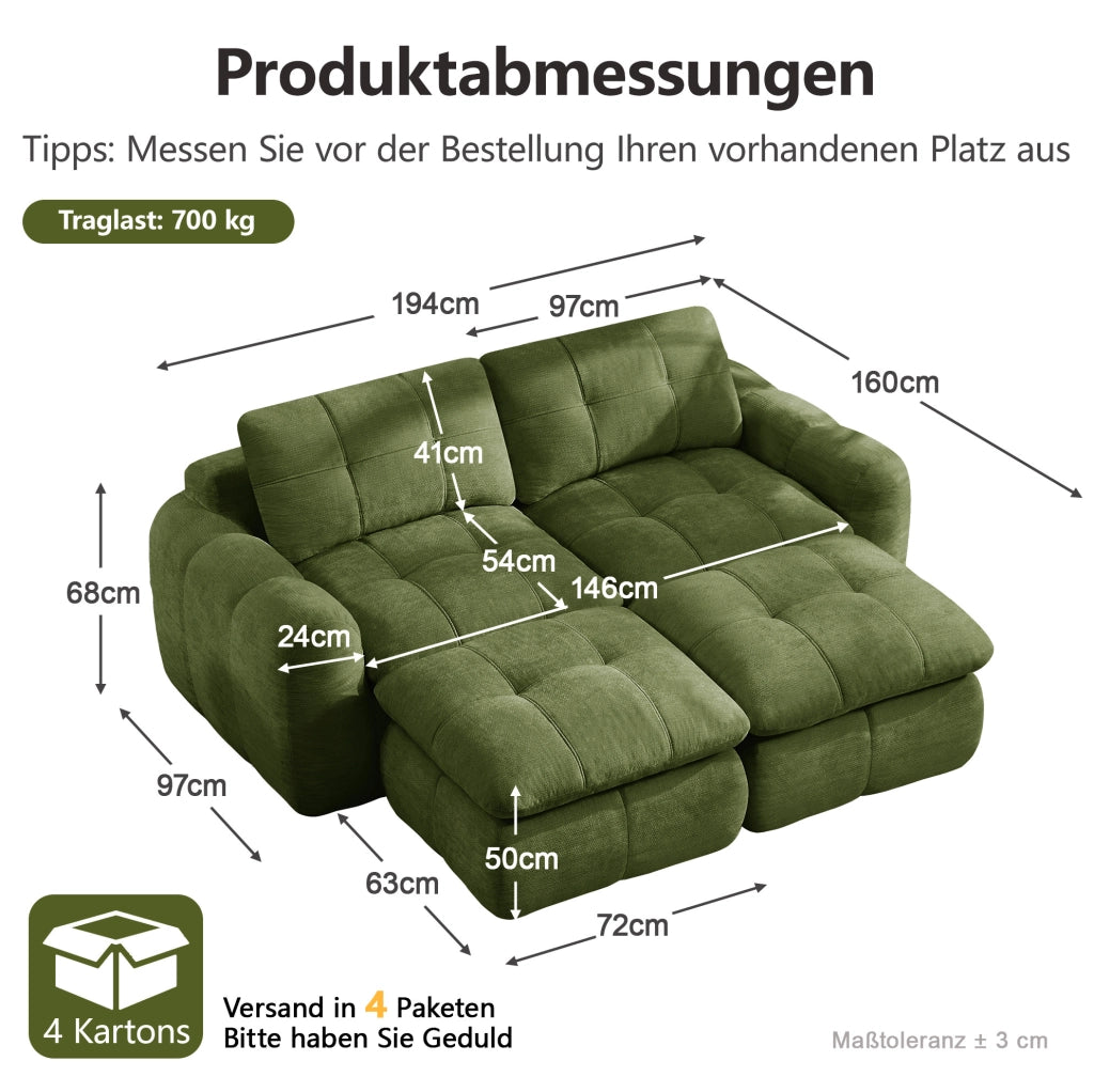 Divano modulare verde in ciniglia senza telaio con pouf