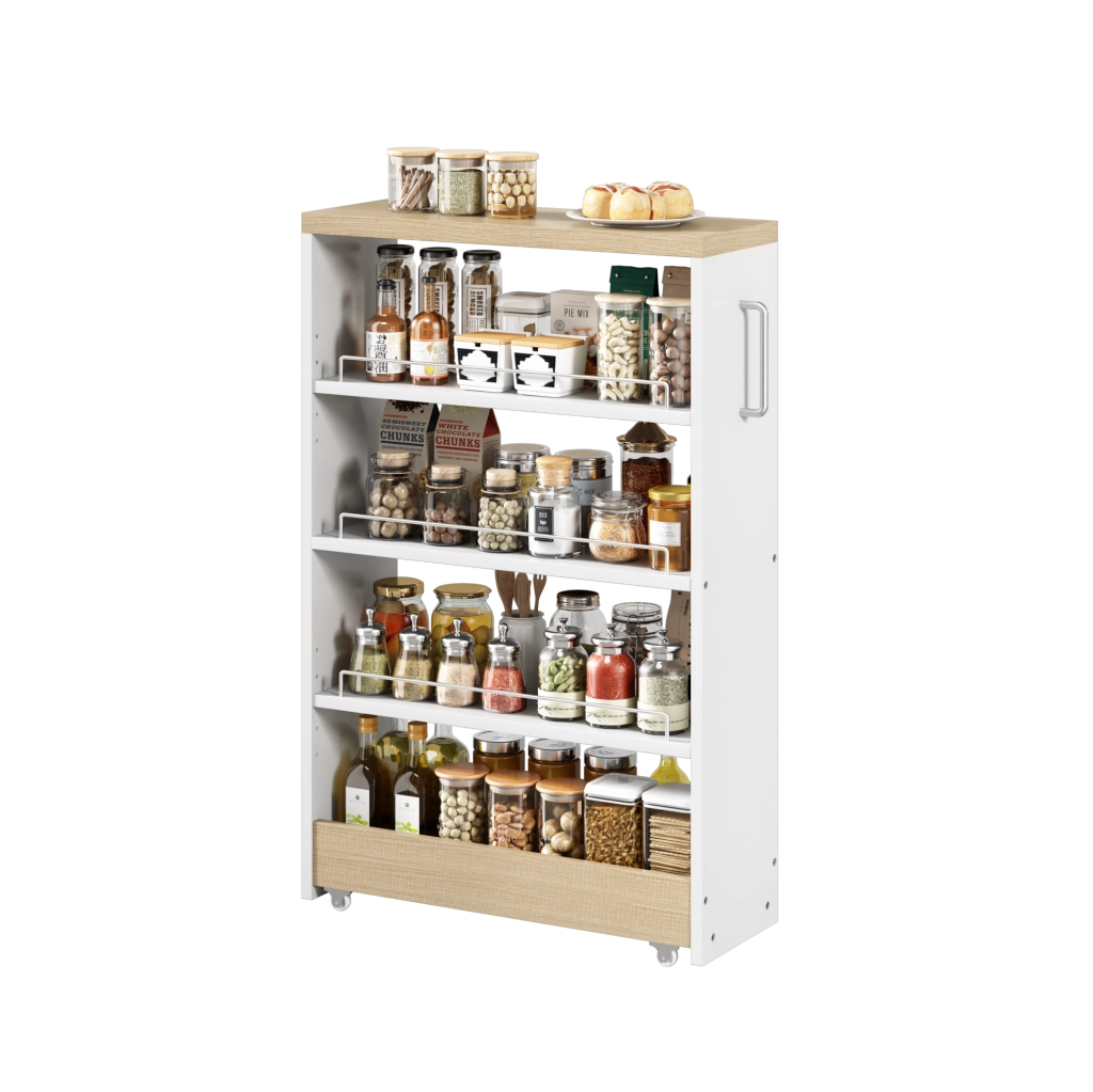 Carrello salvaspazio su ruote 95x23;4x19;8 cm con 4 ripiani regolabili in MDF; bianco e naturale