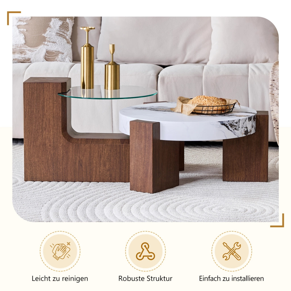 Set di tavolini da salotto rotondi separabili a due livelli in MDF effetto noce vetro trasparente bianco marmo